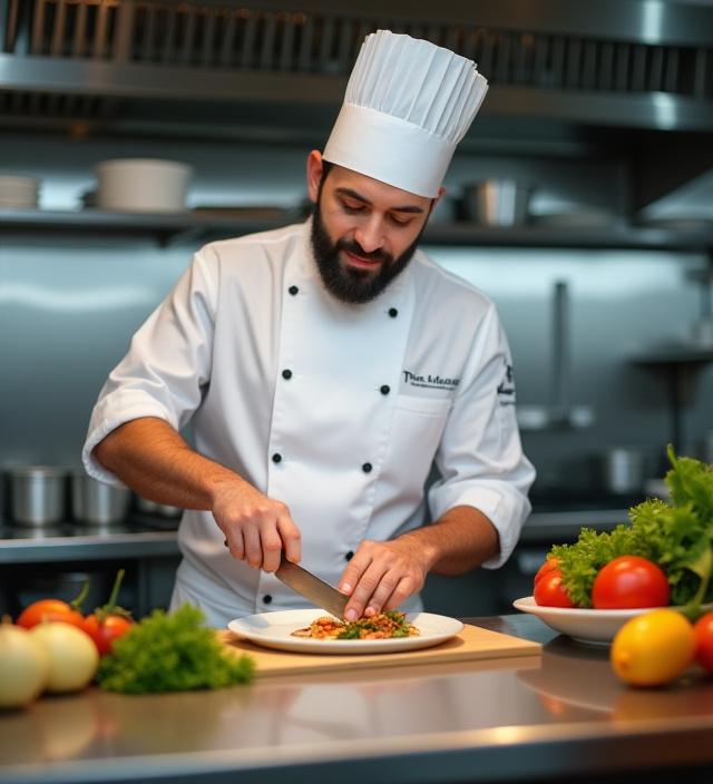 Il nostro chef prepara con passione un piatto nella cucina del ristorante